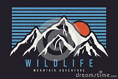 Mountain typography graphics for slogan tee shirt with sun and stripes. Mountain adventure print for apparel, t-shirt design Vector Illustration